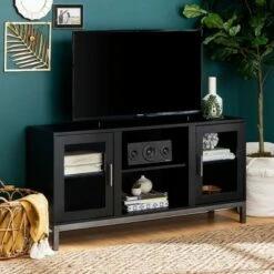 Pierceton Modern Double Glass Door with Metal Legs TV Stand for TVs up to 58" - Saracina Home Black