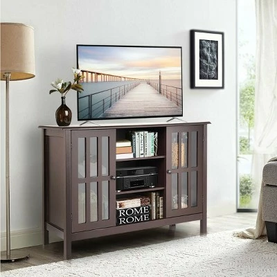 Costway Wood TV Stand Entertainment Media Center Console for TV up to 50'' Brown 4 Costway Wood TV Stand Entertainment Media Center Console for TV up to 50'' Brown - Image 2