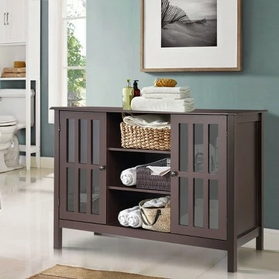 Costway Wood TV Stand Entertainment Media Center Console for TV up to 50'' Brown 5 Costway Wood TV Stand Entertainment Media Center Console for TV up to 50'' Brown - Image 3