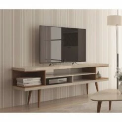 Utopia Splayed Wooden Legs and 4 Shelves TV Stand for TVs up to 65" Maple Cream/Off-White - Manhattan Comfort