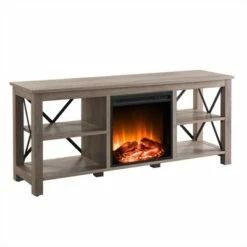 Henn& Hart Gray Oak TV Stand with Log Fireplace Insert - Henn&Hart