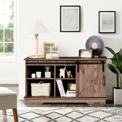 Costway Farmhouse Sliding Barn Door TV Stand Storage Cabinet Console w/ Adjustable Shelf 4 Costway Farmhouse Sliding Barn Door TV Stand Storage Cabinet Console w/ Adjustable Shelf - Image 2