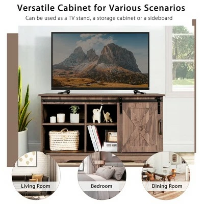 Costway Farmhouse Sliding Barn Door TV Stand Storage Cabinet Console w/ Adjustable Shelf 6 Costway Farmhouse Sliding Barn Door TV Stand Storage Cabinet Console w/ Adjustable Shelf - Image 4