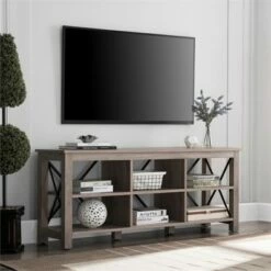 Henn& Hart 58" Open Back TV Stand in Gray Oak Wood with Metal Black Accents - Henn&Hart