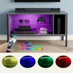 Bestier Gaming Entertainment TV Stand Center with 7 Color Lighting Glass Storage Shelf and 20 Display Modes for Living Room, 44 Inch, Dark Grey