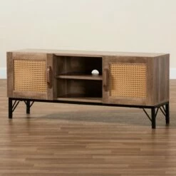 Veanna Bohemian Natural Wood and Metal 2 Door Synthetic Rattan TV Stand for TVs up to 40" Brown/Black - Baxton Studio -Cheap TV Stands Store unnamed file 7456