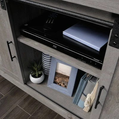 Bridge Acre Rustic Farmhouse Credenza TV Stand for TVs up to 58" Mystic Oak - Sauder 7 Bridge Acre Rustic Farmhouse Credenza TV Stand for TVs up to 58" Mystic Oak - Sauder - Image 5