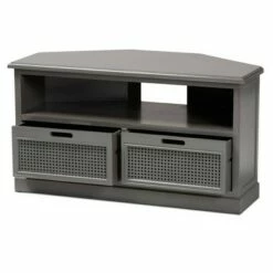 Sheldon Vintage Wood and Synthetic Rattan 2 Drawer Corner TV Stand for TVs up to 35" Gray - Baxton Studio