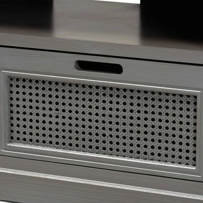 Sheldon Vintage Wood and Synthetic Rattan 2 Drawer Corner TV Stand for TVs up to 35" Gray - Baxton Studio 6 Sheldon Vintage Wood and Synthetic Rattan 2 Drawer Corner TV Stand for TVs up to 35" Gray - Baxton Studio - Image 4