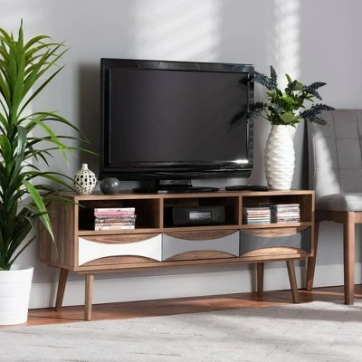 Leane Natural Wood 3 Drawer TV Stand for TVs up to 45" Brown - Baxton Studio 9 Leane Natural Wood 3 Drawer TV Stand for TVs up to 45" Brown - Baxton Studio - Image 7