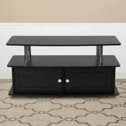 Flash Furniture Evanston Black TV Stand with Shelves, Cabinet and Stainless Steel Tubing