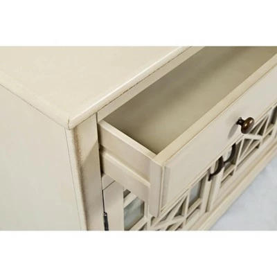 Craftsmen Series Wooden TV Stand for TVs up to 70" with Fretwork Designed Doors Cream - Benzara 6 Craftsmen Series Wooden TV Stand for TVs up to 70" with Fretwork Designed Doors Cream - Benzara - Image 4