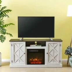 54" TV Stand for TVs up to 60" with Electric Fireplace Saw Cut Off White - Home Essentials