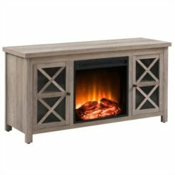 Henn& Hart Gray Oak TV Stand with Log Fireplace Insert - Henn&Hart