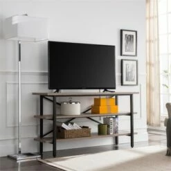 Henn& Hart Triple Shelf Metal X-Accent TV stand with Gray Oak Wood Shelves - Henn&Hart