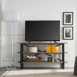 Henn& Hart Triple Shelf Metal X-Accent TV stand with Gray Oak Wood Shelves - Henn&Hart -Cheap TV Stands Store unnamed file 9648